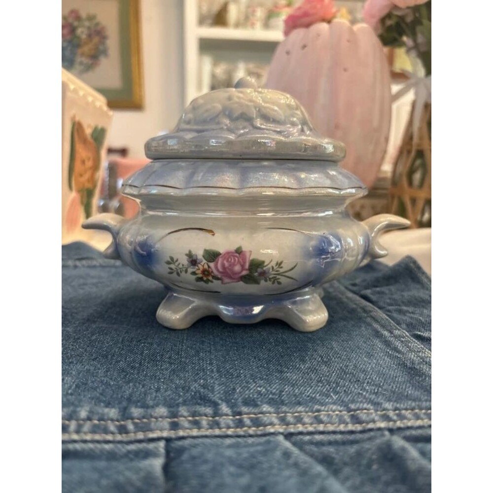 Vintage Lusterware Iridescent Blue Floral Tureen